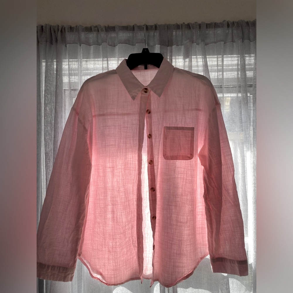HoTouch Women’s Large Pink Button Up Blouse Long Sleeve Tortoise Shell Buttons